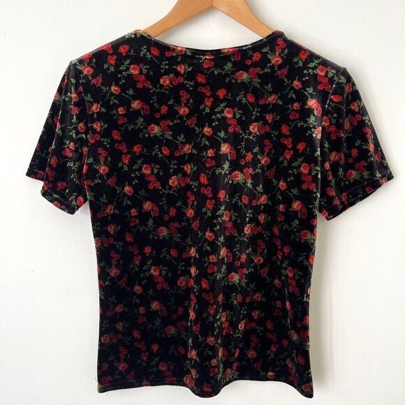Agenda Black Red Floral Velvet Stretch Short Sleeve Top Sz S Vintage Made In USA - Picture 6 of 9